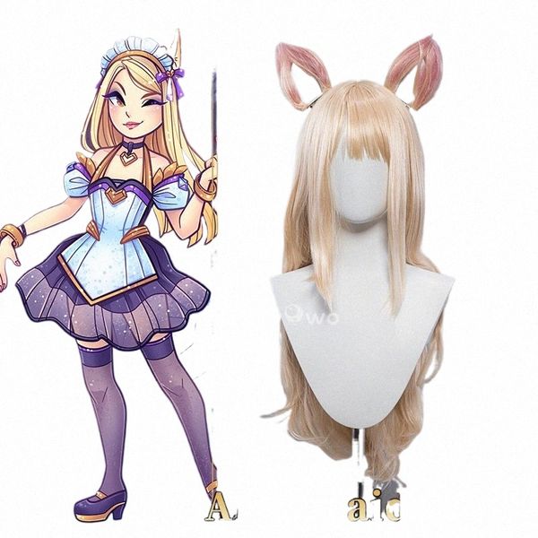 uwowo League of Legends/LOL Fanart KDA Ahri Maid Parrucca Cosplay Lg Capelli dorati con orecchie M5hn #