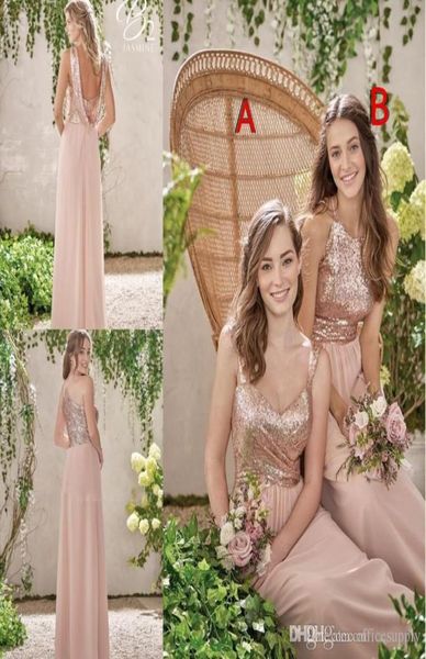 Rosa ouro lantejoulas vestidos de dama de honra 2021 uma linha espaguete sem costas chiffon barato longo país júnior dama de honra vestidos7170942