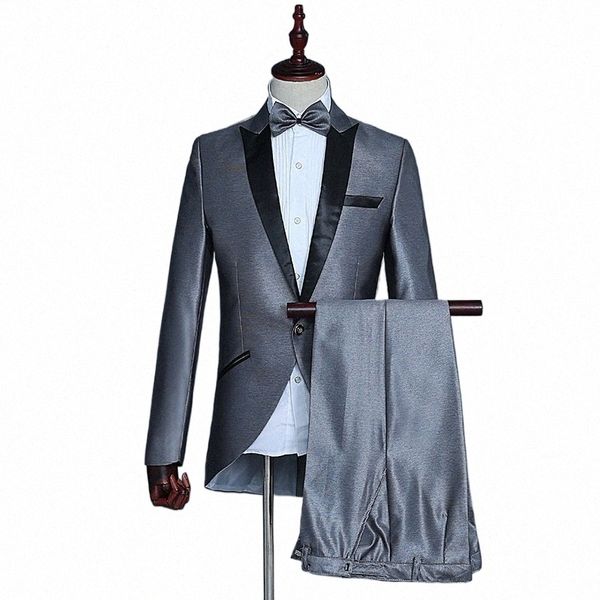 Abiti da uomo Grigio Nero Mago Frac Abito Tuxedo Dr Suit Uomo Festa di nozze Giacca da pranzo Cappotto a coda di rondine 06sn #