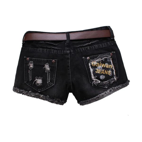 Damen-Jeansshorts mit Rissen, schwarzer Aufdruck, Buchstaben, Sommer-Jeans, Quaste, niedrige Taille, Mini-Jeans 240323