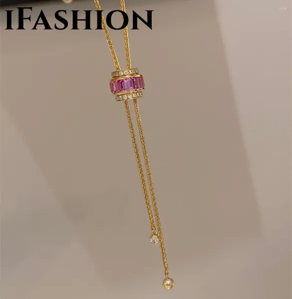 Anhänger IFASHION Diamant-Pullover-Kette, rosa Saphir-Halskette, 18 Karat Import, massiver gelber Echtgold-Schmuck (AU750), handgefertigt für Damen