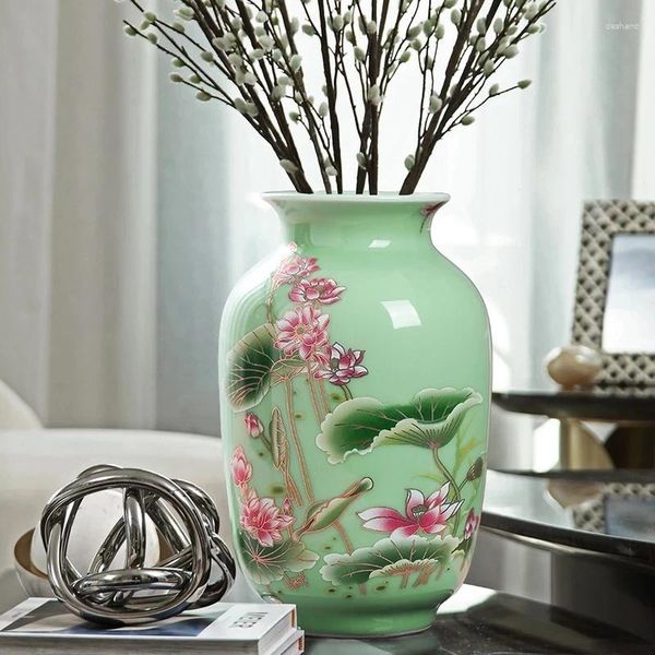 Vasos de porcelana vaso ornamento sala de estar arranjo de flor seco antigo padrão de lótus luz verde esmalte
