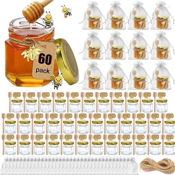 Vorratsflaschen 60 Stück 1,5 Unzen Mini-Honiggläser Partygeschenke in großen Mengen mit Dipper-Golddeckeln Niedliche Bienenanhänger Geschenktüten und Jute für Babyparty