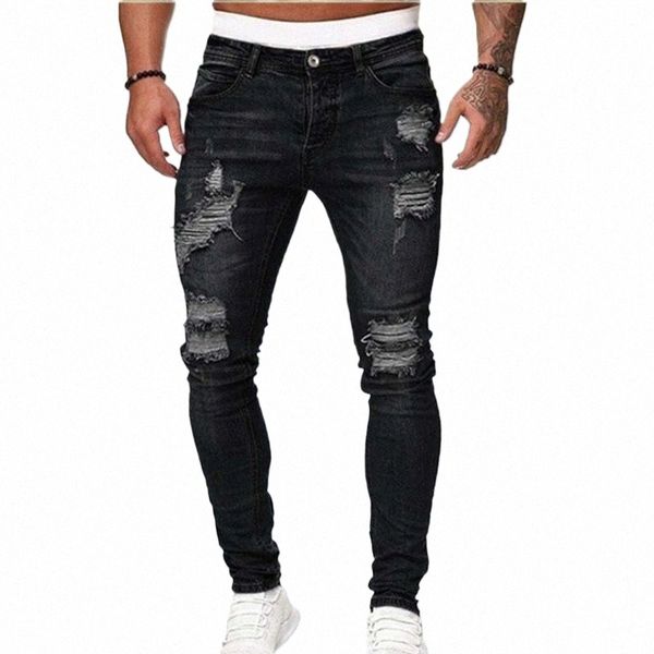 Outono preto magro jeans homens rasgados jeans masculino casual buraco rua hip hop magro denim calças homem fi jogger calças 2022 novo a7mq #