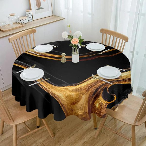 Toalha de mesa redonda com textura de mármore, preta, redonda, para jantar, à prova d'água, cozinha, sala de estar