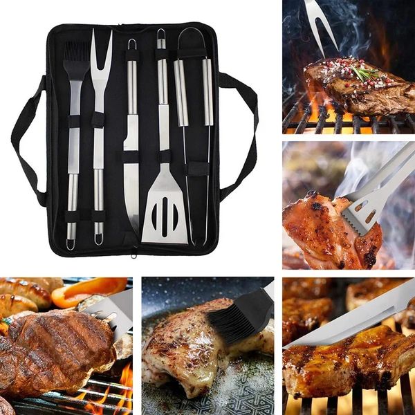 Conjunto de ferramentas para grelha de churrasco, aço inoxidável, ferramentas para grelhar, acampamento ao ar livre, conjunto de ferramentas de cozinha, kit de acessórios para churrasqueira com bolsa