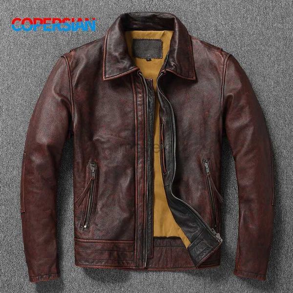 Couro sintético masculino frete grátis!Camada superior de vaca jaqueta de couro de grandes dimensões vermelho-marrom americano retro estilo motocicleta cor angustiado casaco de alto sentido 240330