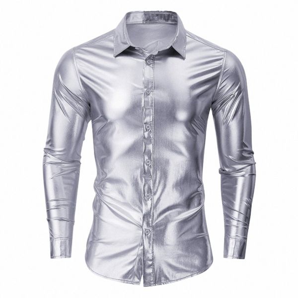 Camicie da uomo anni '70 Disco Metallic Shiny Sier Regular Fit Manica Lg Abbigliamento Maschile Fi Party Nightclub Prom Banchetto Chemise P7HX #