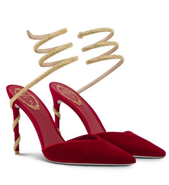 Scarpe da donna di lusso estive Walk Margot Sandalo di velluto rosso Scarpe Renecaovilla Con cinturino in cristallo Avvolge i tacchi Caviglia Lady Party Wedding Scarpe con tacco alto EU35-43