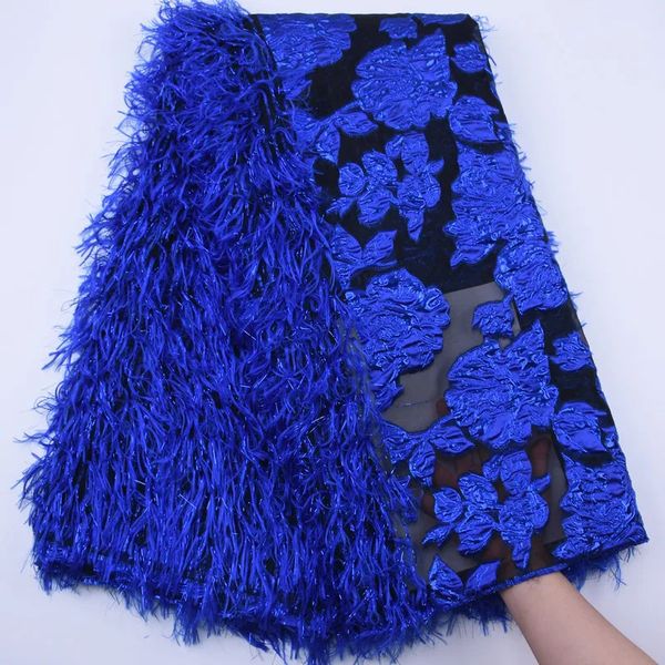 Mais recente tecido de renda de tule francês azul real, malha de penas macias, bordado africano para vestido de casamento 240320