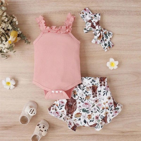 Kleidungssets für geborene Kleinkinder, Mädchen, 3-teilig, Sommer-Outfits, Tank-Strampler, Oberteil, Rüschen, Bloomer, Shorts, Stirnband-Set