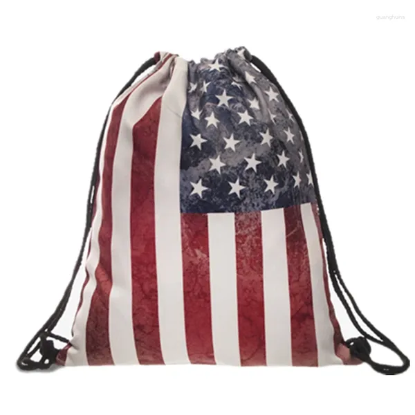 Kordelzug 3D-gedruckte Tasche USA-Flagge Mode Mochila Cuerda Out Door Rucksack Damen Herren Modis String Girl