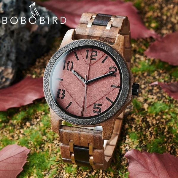 Orologi da polso BOBO BIRD Orologi da uomo in legno Quadrante a foglia fatto a mano Benedizione personalizzata Orologio da polso naturale Distintivo regalo in legno Supporto Drop