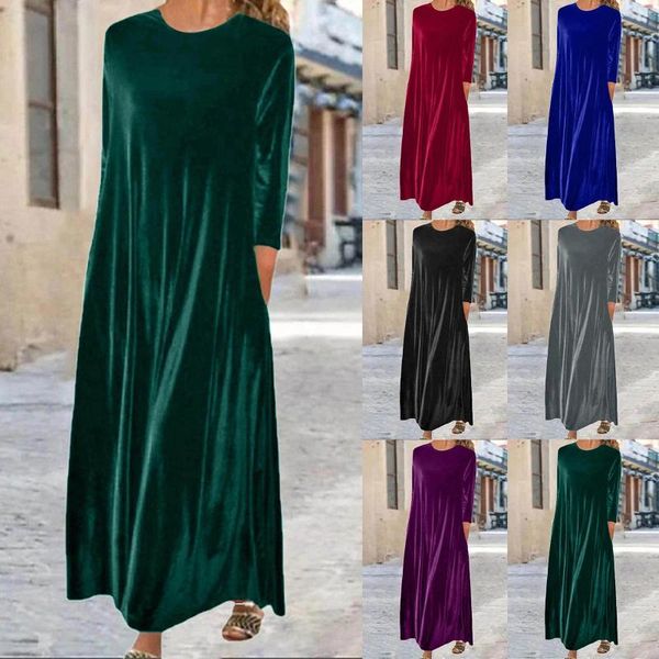 Vestidos casuais vestido de lã de veludo para mulheres em torno do pescoço longo maxi magro elegante simples robe femme uma linha vestido estilo coreano chique