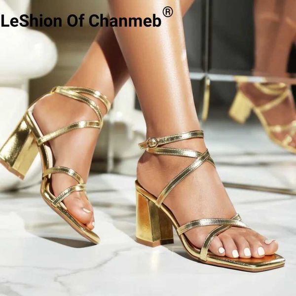 Sandalen Chanmeb Gold Schmalband Gladiator Damen Dicke High Heels Kreuzschnalle Schuhe Silber Knöchelwickel H240328