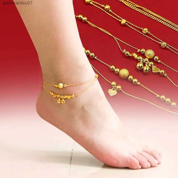 Fußkettchen Hochwertiges Kupfer 24K verzinkt Sommer modische Mädchen Doppelglocke Fußkettchen Gold Schmuck Perlen Quasten Damen Schmuck GeschenkeL2403