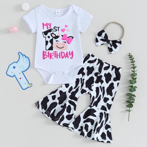 Kleidungssets Baby Mädchen Erster Geburtstag Outfit Mein 1. Strampler Kuhdruck Schlaghosen Set Einjährige Geschenke