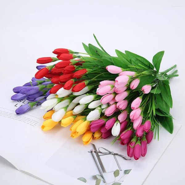 Flores decorativas 21 cabeças de seda tulipa artificial buquê de flores para casa decoração de casamento decoração de festa falsa