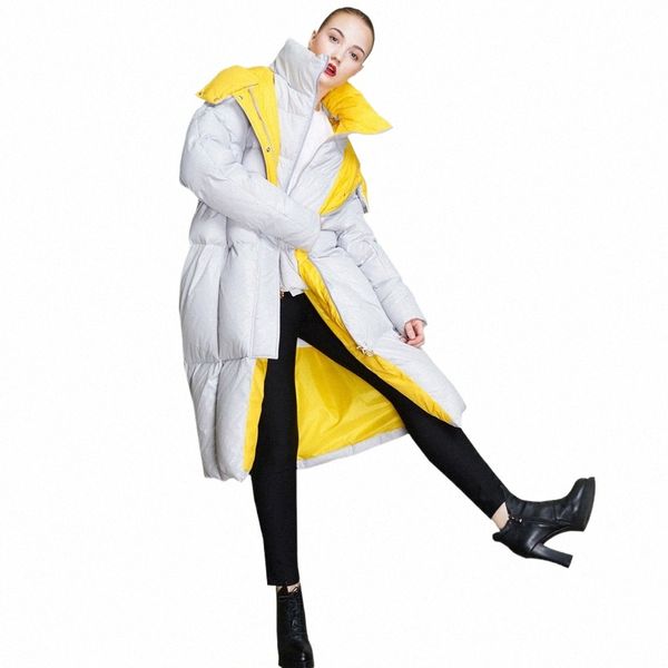 Giacca da neve invernale da donna Giacca di media lunghezza europea e americana Fi Retro Hit Color con cappuccio spesso Plus Size Ladies Down Jac 34wF #
