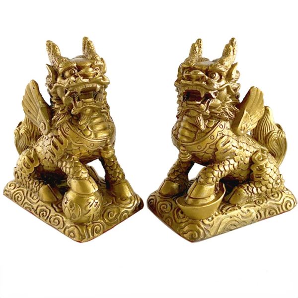 Esculturas 1 par de bronze antigo chinês besta mítica qi lin estátua cobre ornamentos animais sorte casa feng shui decorações da sala estar