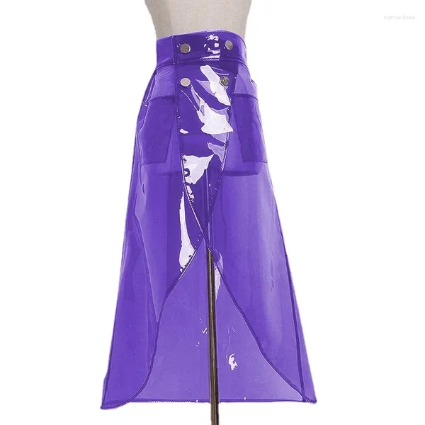 Röcke Sissy Sexy Fetisch Kunststoff Klar Hohe Taille Unregelmäßiger Rock Punk Club Tasche Lange Durchsichtig Solide Transparente PVC A-Linie