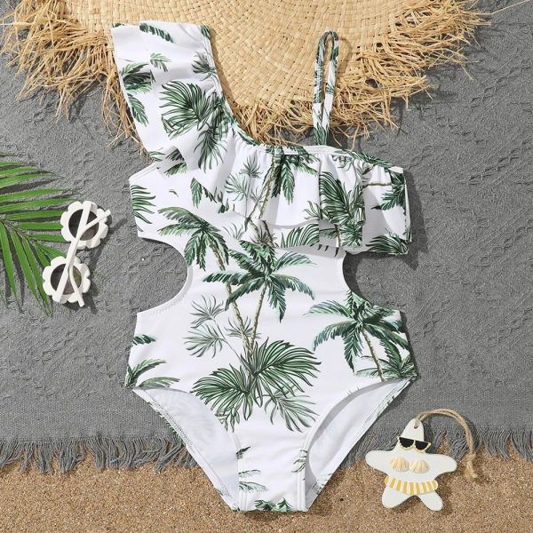 Wear Girls Tropical Print One -Stück Badeanzug Kinder ausschneiden Kinder Badebekleidung Rüschenverkleidung Schwimmanzug Sommer Beachwear 2024