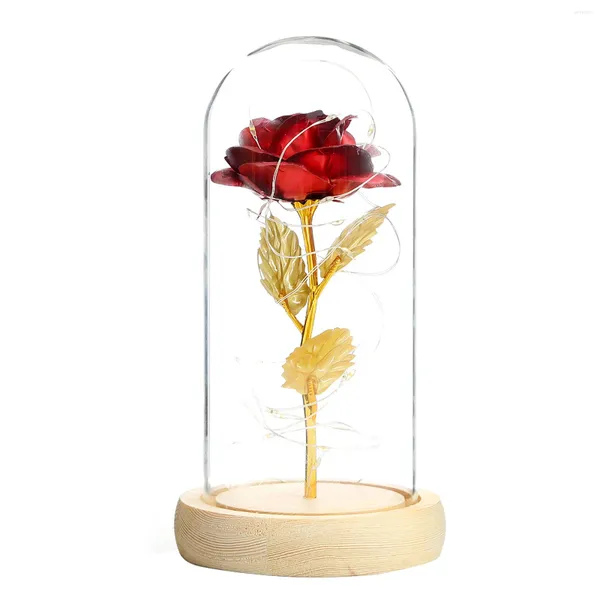 Fiori decorativi Fiore artificiale Rosa rossa conservata in cupola di vetro con luce a LED Regalo romantico per l'anniversario di matrimonio