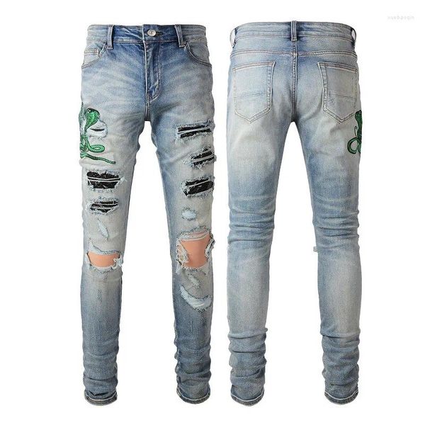 Jeans masculinos primavera e outono rasgado lavado bordado cobra ajuste stand-up vintage high street denim calças