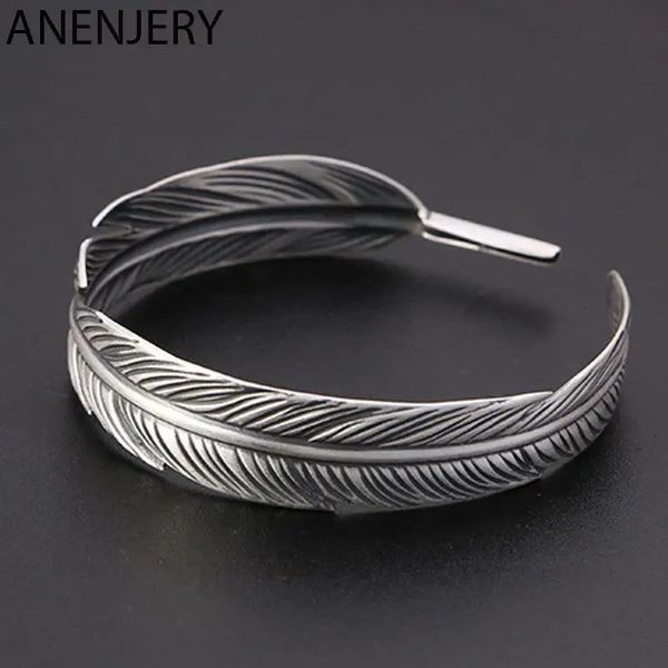 ANENJERY Silber Farbe Feder Breite Manschette Armbänder Armreifen Für Frauen Männer Persönlichkeit Vintage Thai Silber Schmuck 240313