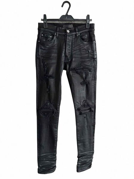 Patchwork rivestito in cera Wed Stretch Slim Pantaloni con fori tagliati a coltello Retro Old Jeans Man g1cr #