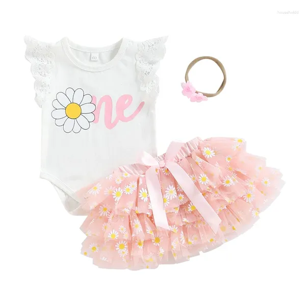 Giyim Setleri 3pcs Bebek Kız İlk Doğum Günü Kıyafet Mektubu Romper Daisy Tül Tutu Etek Pastası Yaz Kıyafetleri Seti Pembe 6-12 Ay