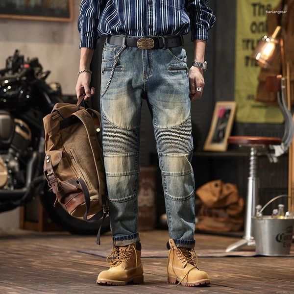 Erkek kot patchwork retro nostaljik düz gevşek punk kalın motosiklet kişiselleştirilmiş pilili pantolon