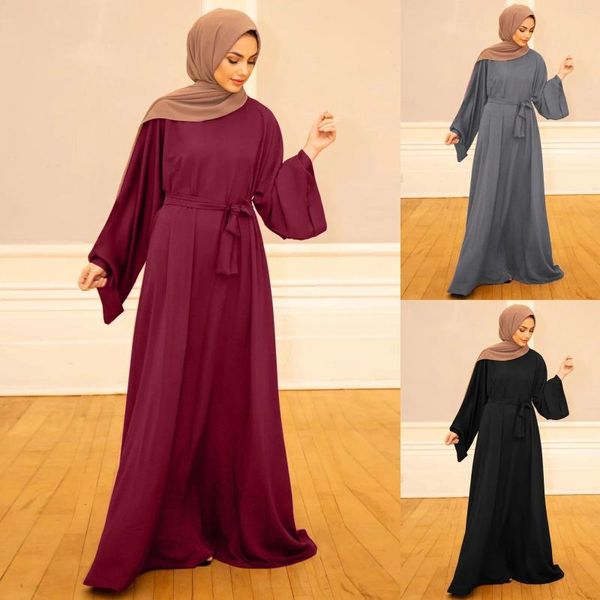 Vestidos casuais feminino sólido vestido muçulmano manga flare abaya elegante árabe kaftan longo