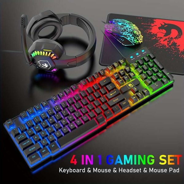 SET T11 Klavye Kulaklığı Mouse Pad Combo Seti, Mekanik Feel Klavye+PC Oyun Fareleri+RGB Kulaklık, Kablolu LED Aydınlatma 4 PS4 Xbox için 1 Paket Kiti