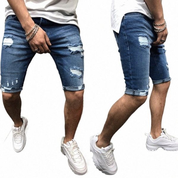Novos Homens Casual Shorts Fi Jeans Calças Curtas Destruídas Jeans Skinny Rasgado Calça Desgastada Denim Y3lw #