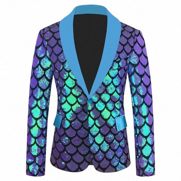 Glitzer Fischschuppen Pailletten Blazer Mantel Stilvolle Männer Schalkragen Slim One Butt Anzug Jacke für Bankett Host Abend Party Smoking 06qh #