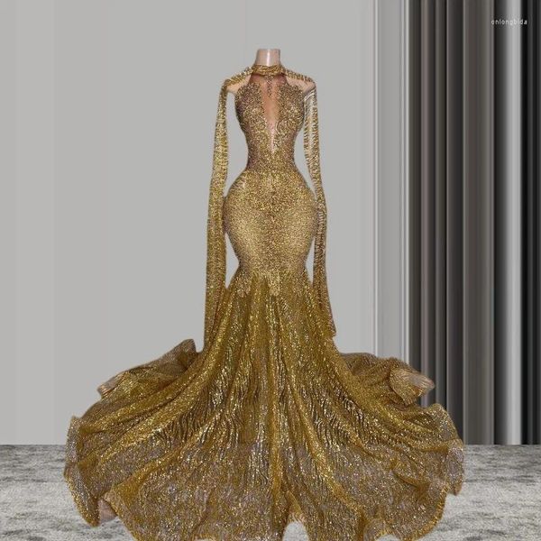 Runway Dresses Sparkly Gold Mermaid Prom Awards Show-Kleid mit Cape-Umhang, Kristallperlen-Pailletten, glitzerndes Mesh-Kleid für den roten Teppich für Frauen