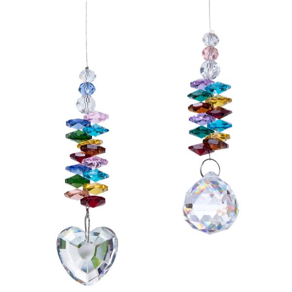 Suncatchers hd cristal arco-íris suncatcher vidro coração prisma chakra cores contas pingente decoração da janela árvore de natal pendurado, pacote de 2