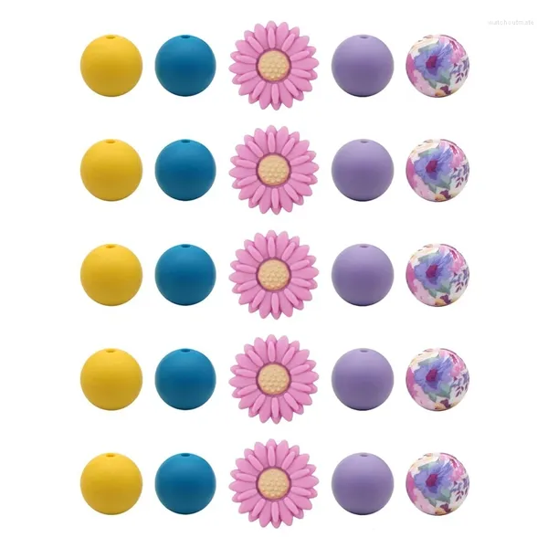 Link pulseiras margarida silicone grânulos pêssego flores brancas forma solta grânulo redondo espaçador com corda elástica