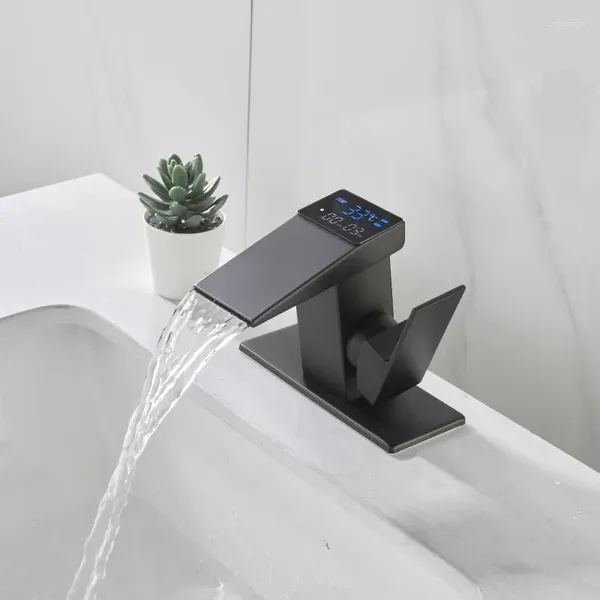 Badezimmer-Waschtischarmaturen, intelligenter Wasserhahn, digitale LED-Temperaturanzeige, schwarz, kalter Wasserfall, Waschbecken, Wassermischer, Edelstahl, Ankunft