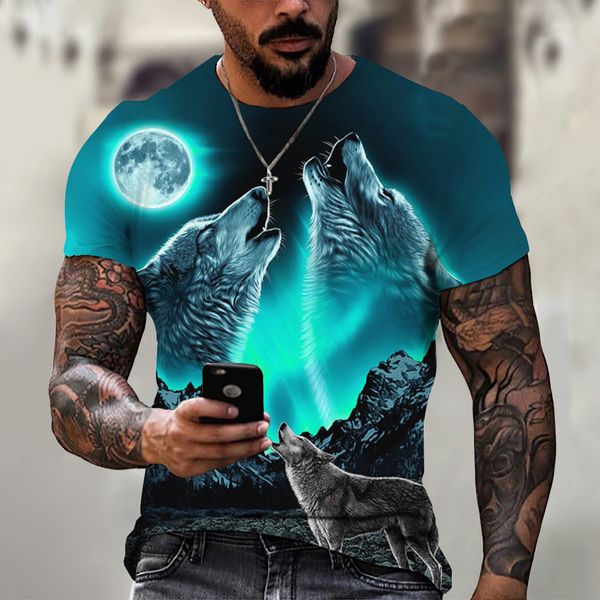 2024 Mens için Kurt Tişörtü Hayvan Baskı Kısa Kollu Üst 3d Sıradan Sokak Man's T-Shirt Büyük boy tişört erkekler Vintage Giyim 001