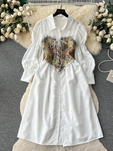 Lässige Kleider, Frühling/Sommer, französisches weißes Hemdkleid, Blasenärmel, einreihig, Hängegurt, bedrucktes Tank-Top, zweiteiliges Set