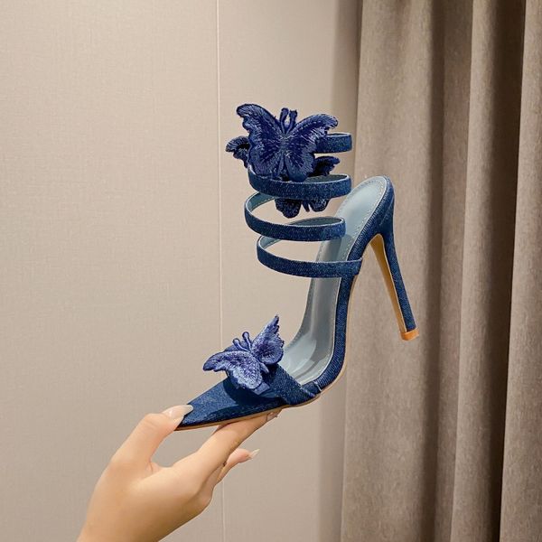 2024 Nuovo Fiocco Sandali In Denim Delle Donne Nuovo Dolce Cinturino In Serpente Tacchi Alti A Spillo Scarpe Da Donna Farfalla Sandali di Lusso Taglia 35-42