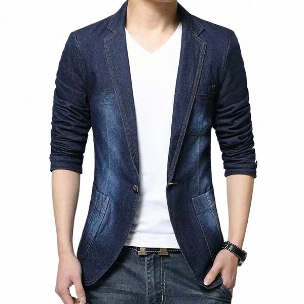 Nuovo Mens Denim Blazer Uomo Fi Cott Giacca vintage 4XL Maschio Cappotto blu Giacca di jeans Uomo Slim Fat Jeans Blazer p9rD #