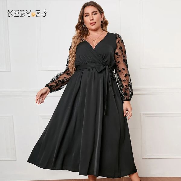 Keby zj plus size roupas femininas preto sexy profundo v rendas mangas compridas maxi vestido senhoras elegante casual grandes vestidos 3xl 4xl 240319