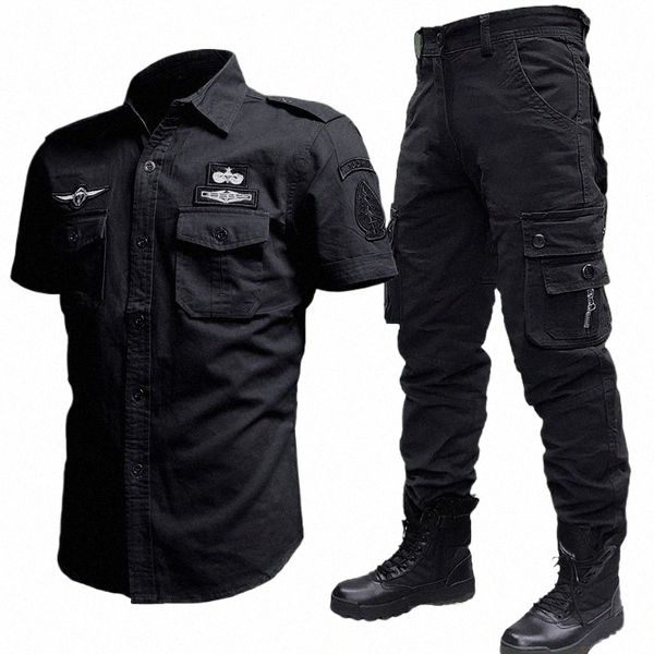 Große Größe 6XL Bomber Sets Männer Military Cargo Shirts + Multi-tasche Kampf Hosen 2 Stück Set Neue Sommer armee Flug Taktische Hemd W7Q4 #