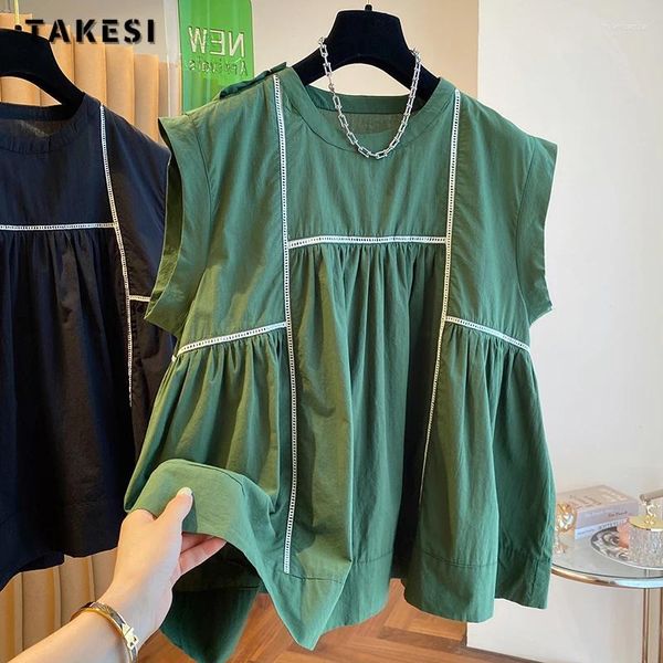 Blusas femininas coreano senhora estilo casual em torno do pescoço verde sem mangas 2024 verão feminino high street chique solto ajuste chiffon camisas