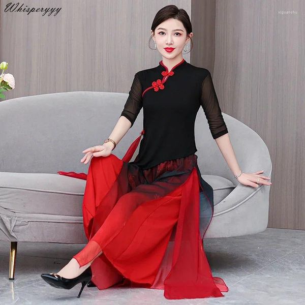 Этническая одежда, костюм, черное танцевальное платье, женский газовый костюм, модный комплект в китайском стиле, винтажный аозай, вьетнамский традиционный костюм