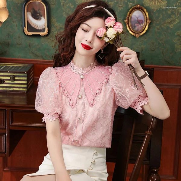 Blusas femininas Blusa Mulheres Verão Bordado Crochet Beading Camisas Escritório Trabalho Puff Manga Vintage Tops Soltos