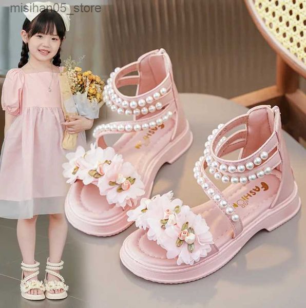 Sandals Roman Çocuk Sandaletler için Sandalet 2023 Moda Çiçek Ayakkabı Çocuk Boncuk Plaj Ayakkabıları Kızlar Yaz Sandalet Prenses Ayakkabı Q240328